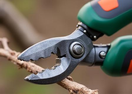 Anvil pruners cutting through a dry, brittle branch