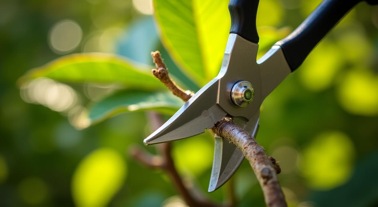 Close up of professional pruning shears cutting a healthy branch