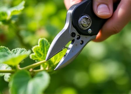 Close up of bypass pruners cutting a fresh green stem