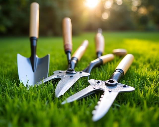Variety of professional garden tools laid out on a lush lawn