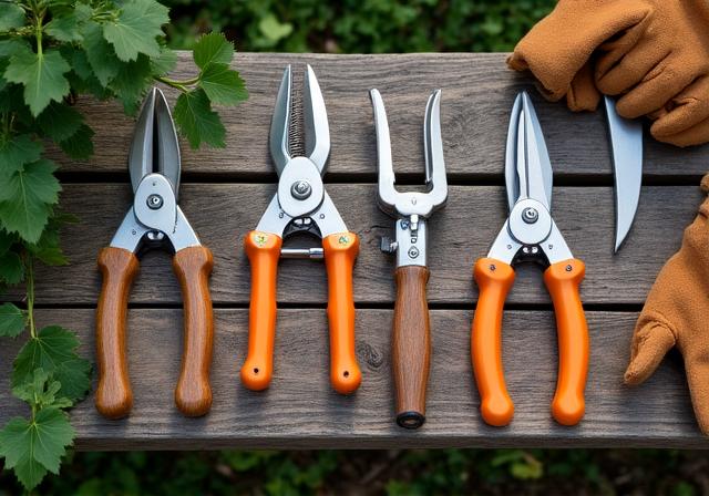 Variety of high-quality pruning tools laid out on a wooden gardener's bench