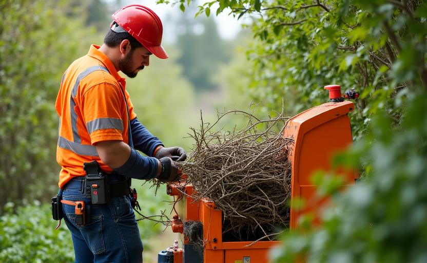 Professional using a garden shredder in a lush landscape